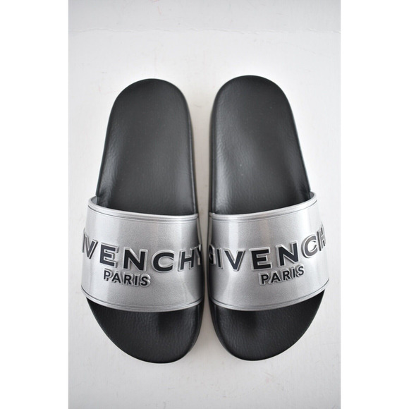 Givenchy Silver Rubber Black Logo Print Slide On Pool Sandal Flip Flop Flat 38 - Picture 8 of 12